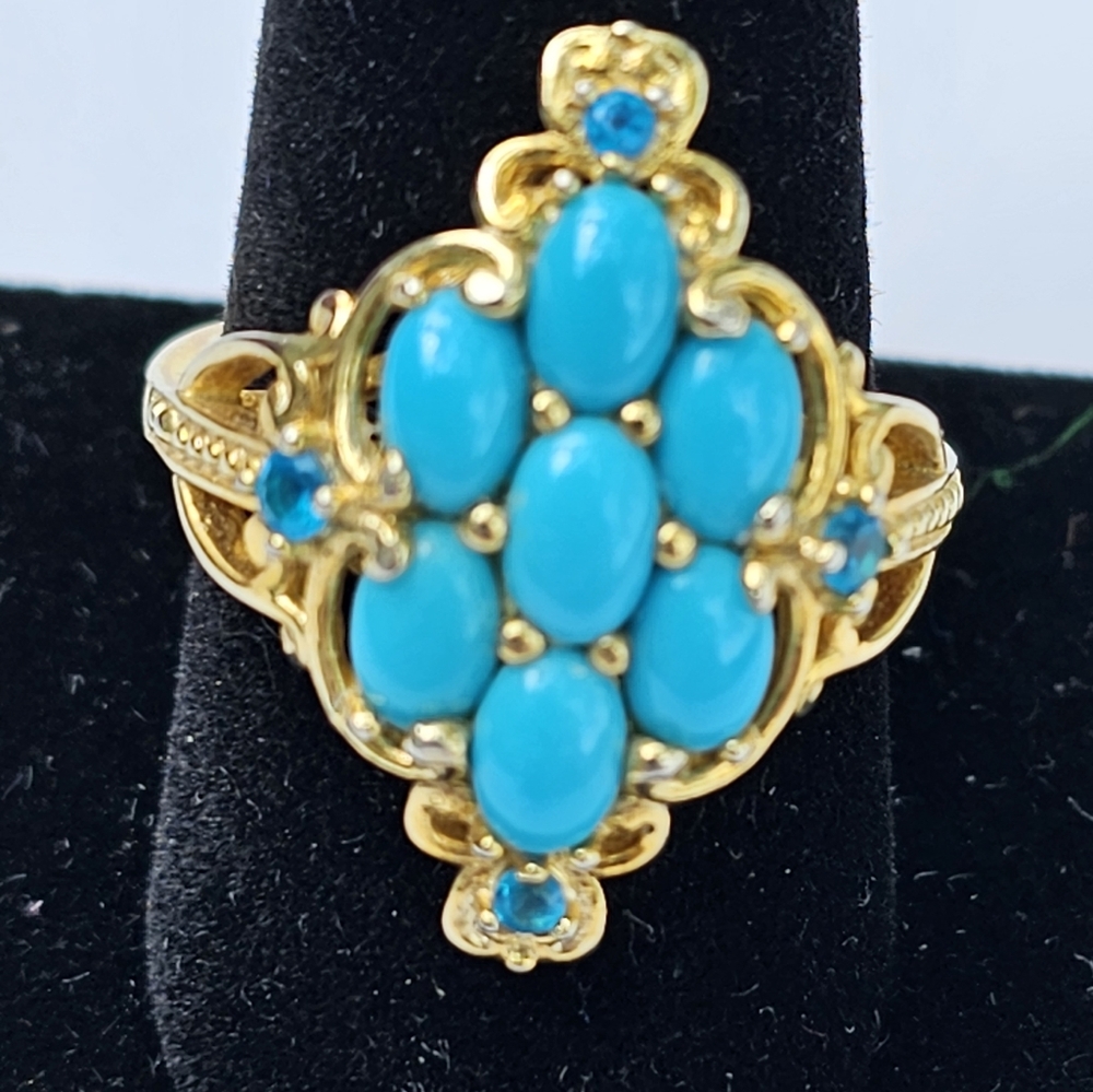 Sleeping Beauty Turquoise Ring Platinum/925 & 14k YG Ring Size 9 - Picture 2 of 9